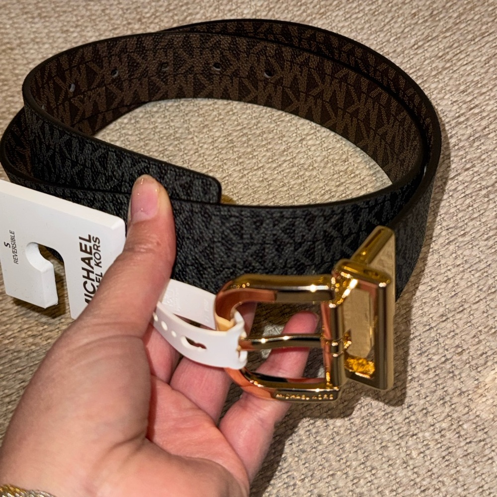 Michael Kors Signature Black and Brown Reversible Logo Gold Belt